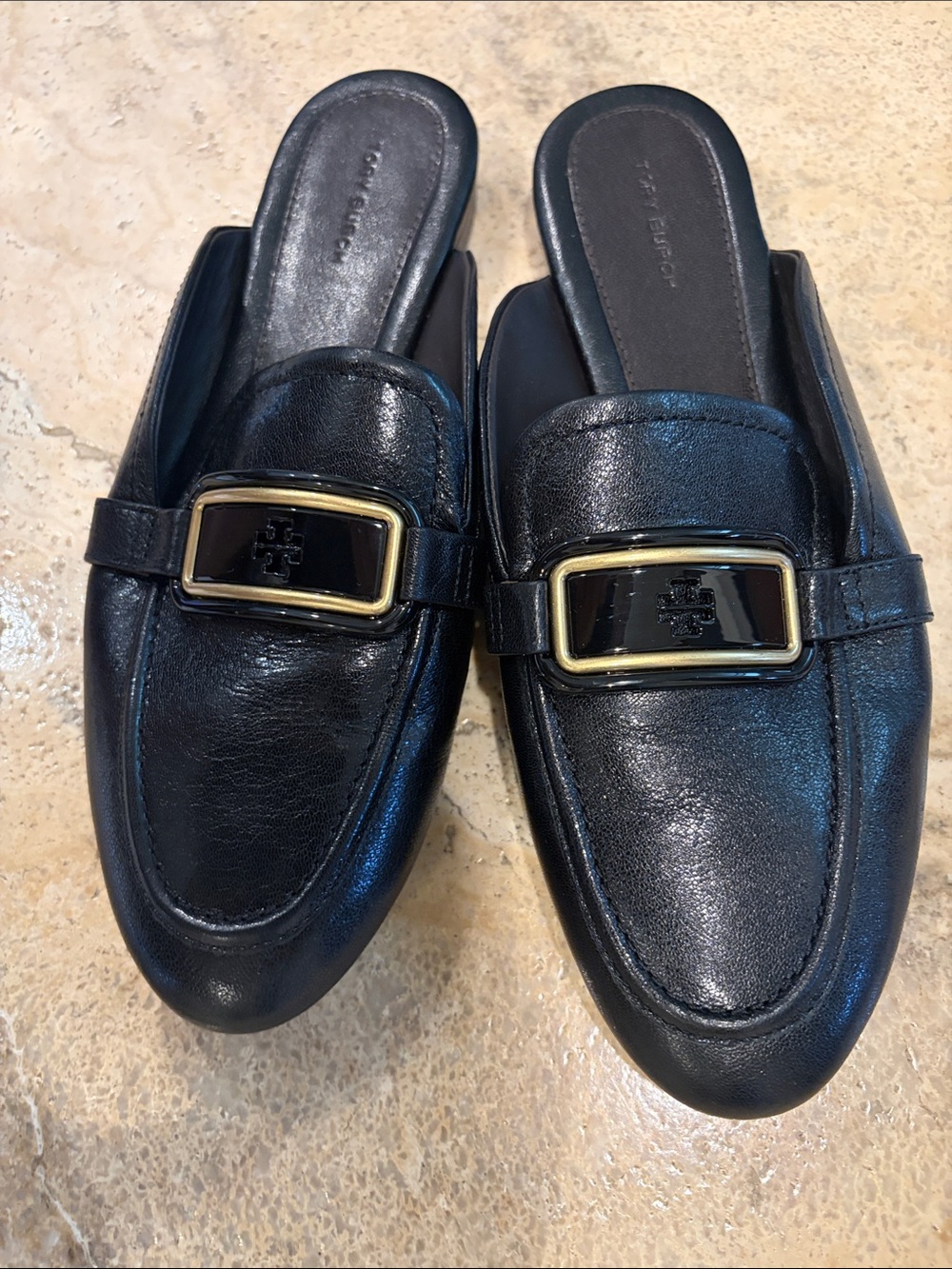 Tory Burch Black Patent Leather Slip-On Loafers with Gold Buckle Size 8.5